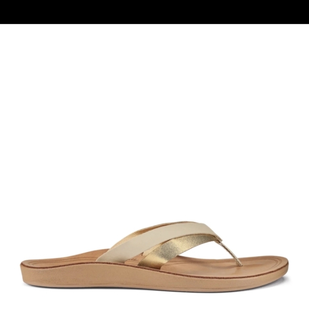 Olukai Kaekae Gold and Cream Sandals Flip Flops - Picture 3 of 6